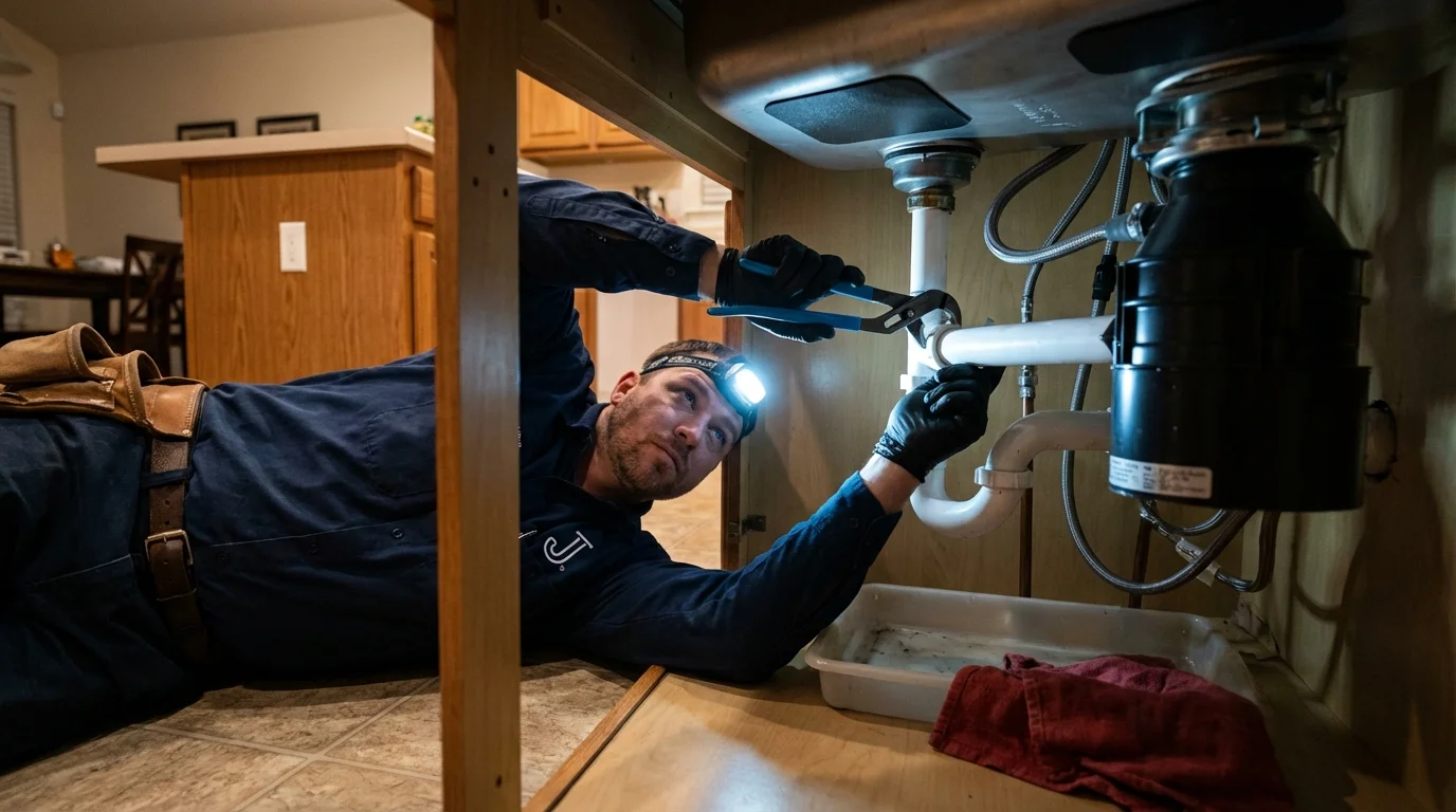 P-trap and supply line connections under a kitchen sink showing a common leak point in Belton, TX